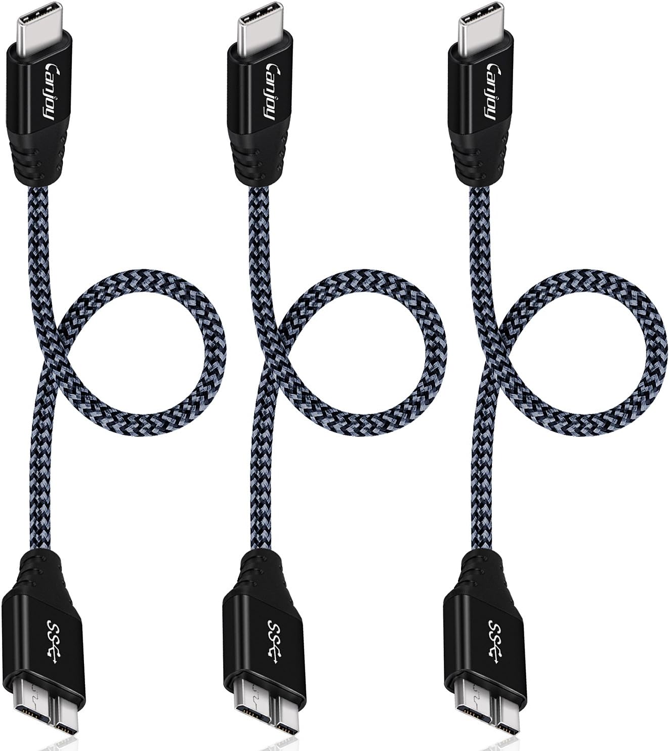 Type C to Micro-B Cable, Canjoy 3Pack 1Ft USB C 3.1 to Micro B 3.0 Charging & Syncing Cord for Samsung Galaxy S5/Note 3,MacBook Pro,Chromebook Pixel,Toshiba Canvio,Seagate WD External Hard Drive-Black