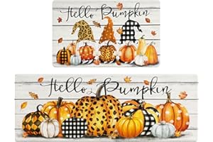 Ileading Fall Thanksgiving Kitchen Anti Fatigue Mat Set of 2 Leopard Pumpkin Gnome Non Slip Cushioned Kitchen Sink Floor Mats Waterproof Foam Comfort Standing Runner Rug Holiday Home Decorations