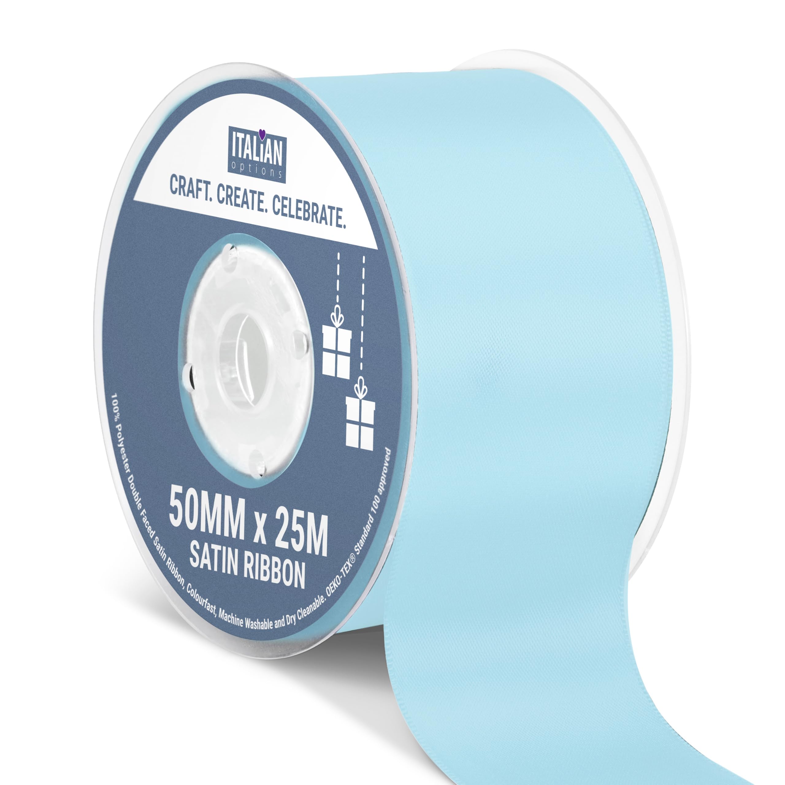 Italian Options Satin Ribbon, Fabric Ribbons for Gift Wrapping, Crafting, Balloons, Wedding Car, Presents, Cake, Christmas, Birthday, Gift Wrap Accessories, 50mm Wide x 25 Metre Roll, Pale Blue