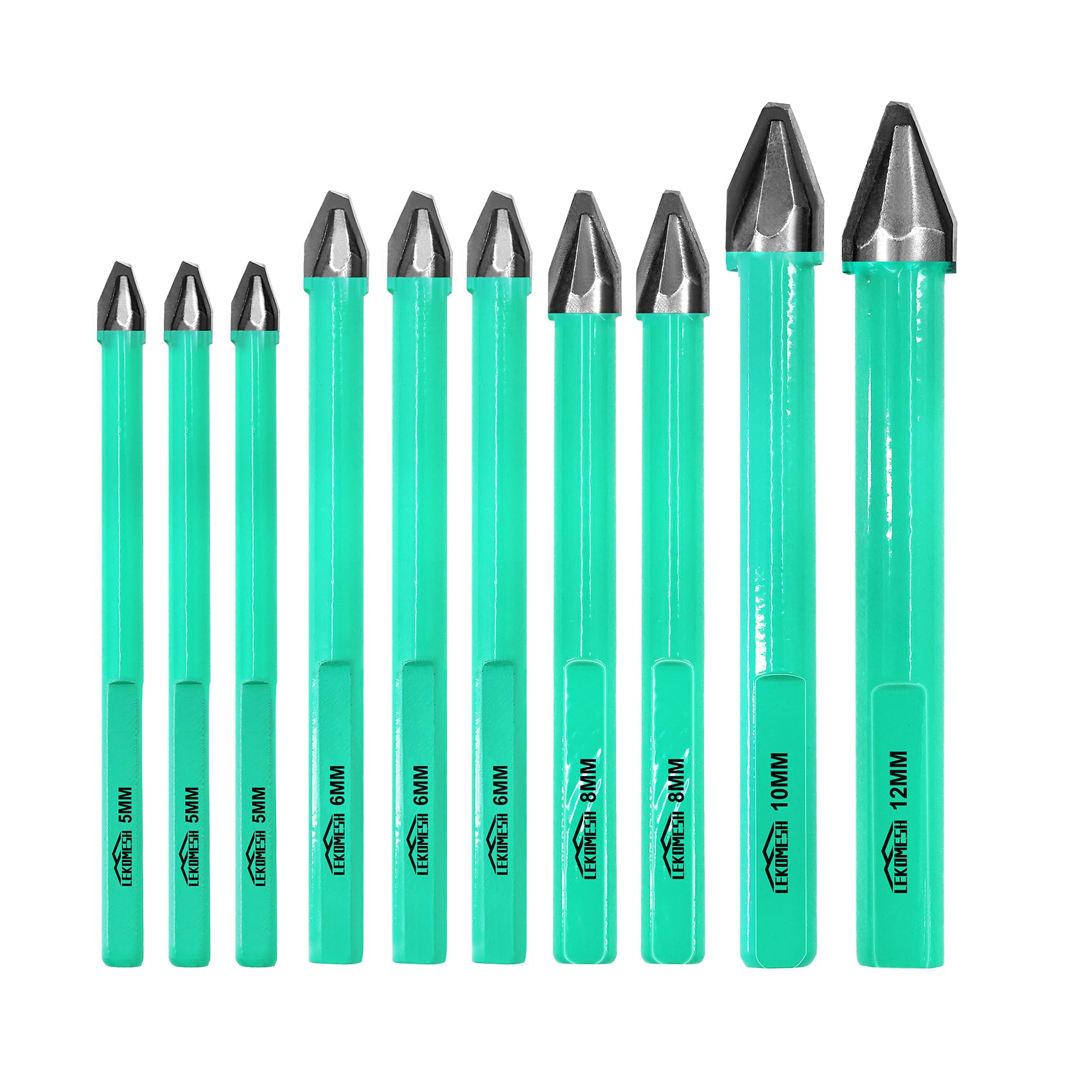 LEKOMESH Masonry Drill Bits Set - 10pcs 5mm*3+6mm*3+8mm*2+10mm+12mm Concrete Drill Bits Set Ceramic Drill Bit Carbide for for Wood, Plastic, Masonry, Ceramic Tile, Marble, Glass, Triangle Shank
