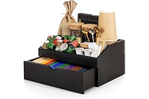 Cozivolife Coffee Bar Organizer Countertop With Drawer, Cafe Station Storage for Accessories, Bamboo Espresso Bar Decor Holder, Black