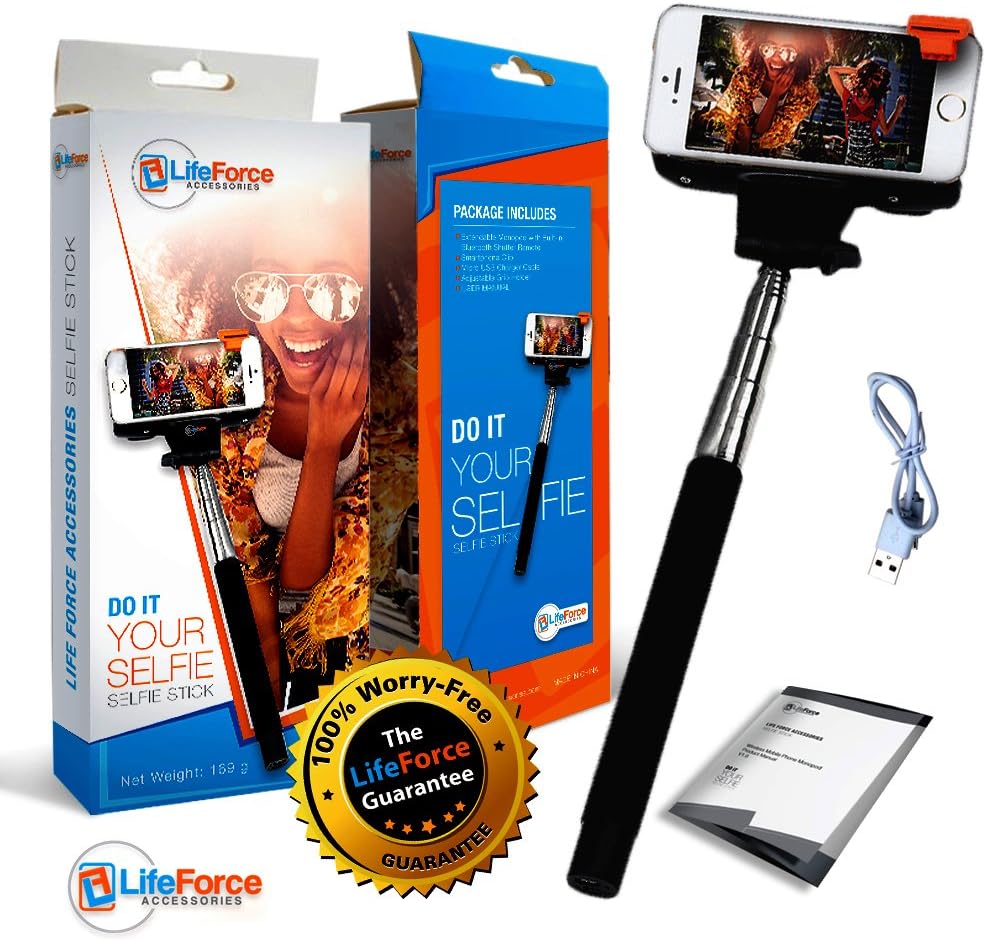FLASH SALE - Official Bluetooth Selfie Stick by Life Force Accessories - Extendable Monopod w/ Built-in Remote Shutter & Adjustable Phone Holder works with iPhones iOS 5.0+ & Android 4.0+ Smartphones