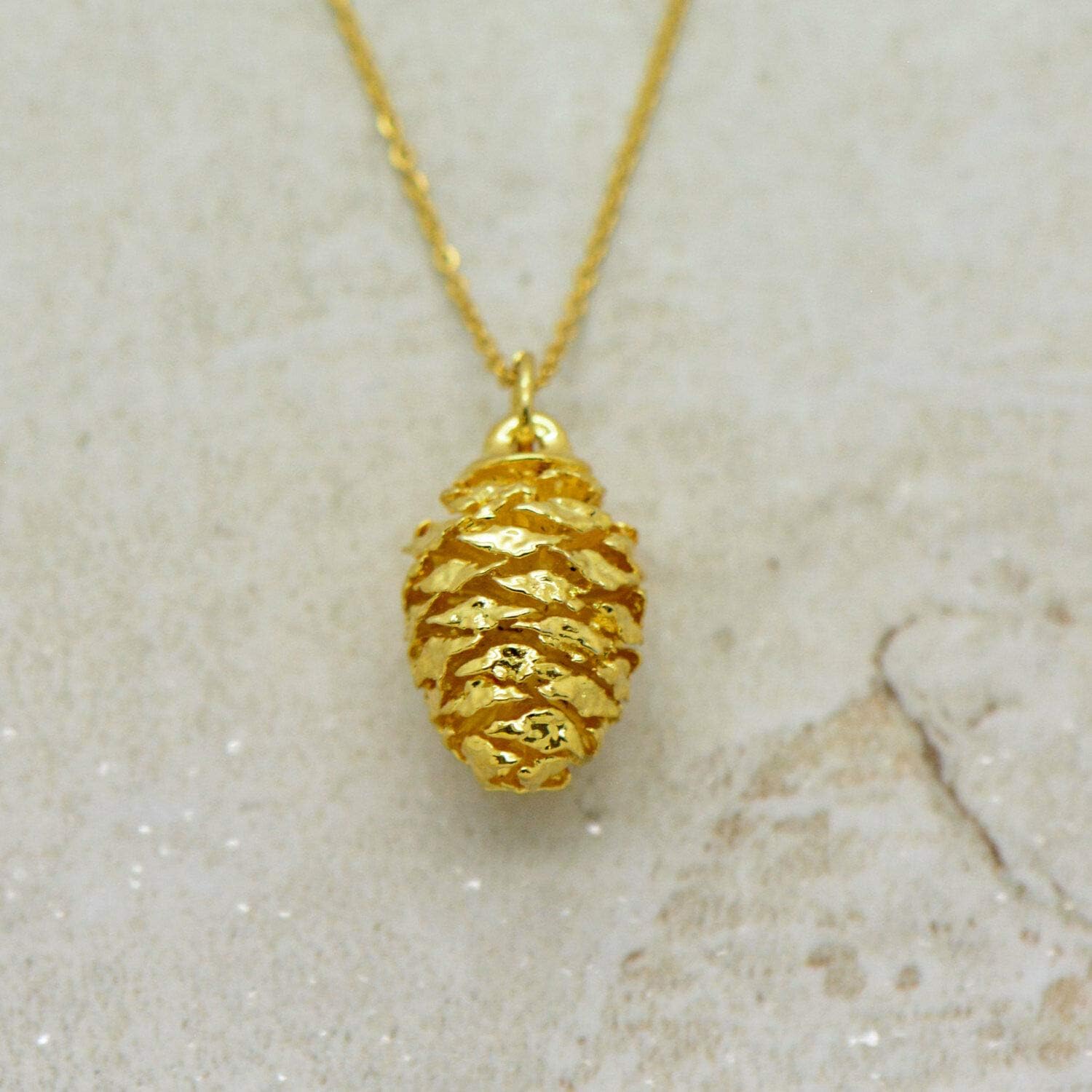 Real Pine Cone Necklace, 24k Gold Plated Charm Gold Plated Stainless Steel Chain OE-109