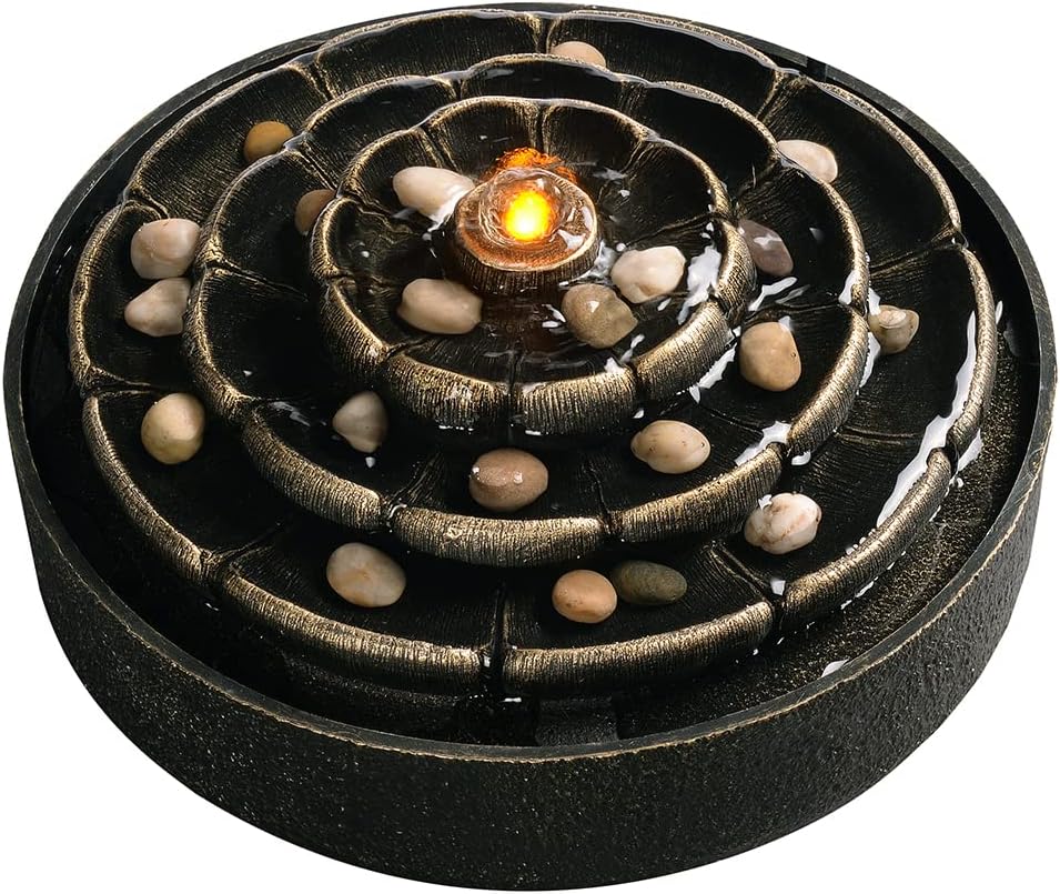 Indoor Fountains & Accessories - Kalona Tabletop Fountains Indoor Lotus Water Fountain Relaxation Ripple Fountains Meditation Desk Fountain Artistic Quiet Fountains w/Stone/LED Lighting Home/Office Decor(21124A) Bronze