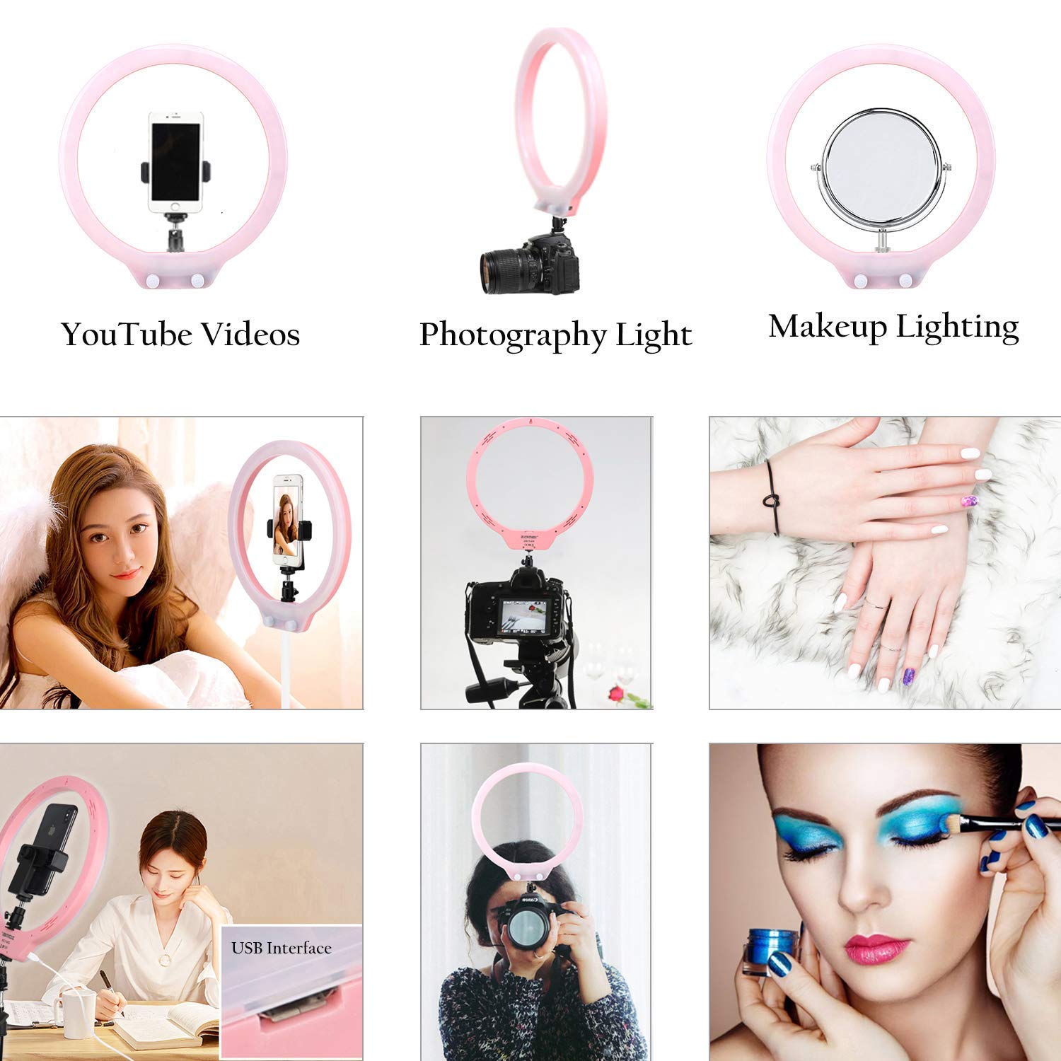 Zomei 10” Table Dimmable Selfie Ring Light with Ball Head, Cell Phone Holder for YouTube Video, Portrait Photography, and Makeup, LED Camera Light,Compatible with iPhone 8 7 6 Plus X Android(Pink)