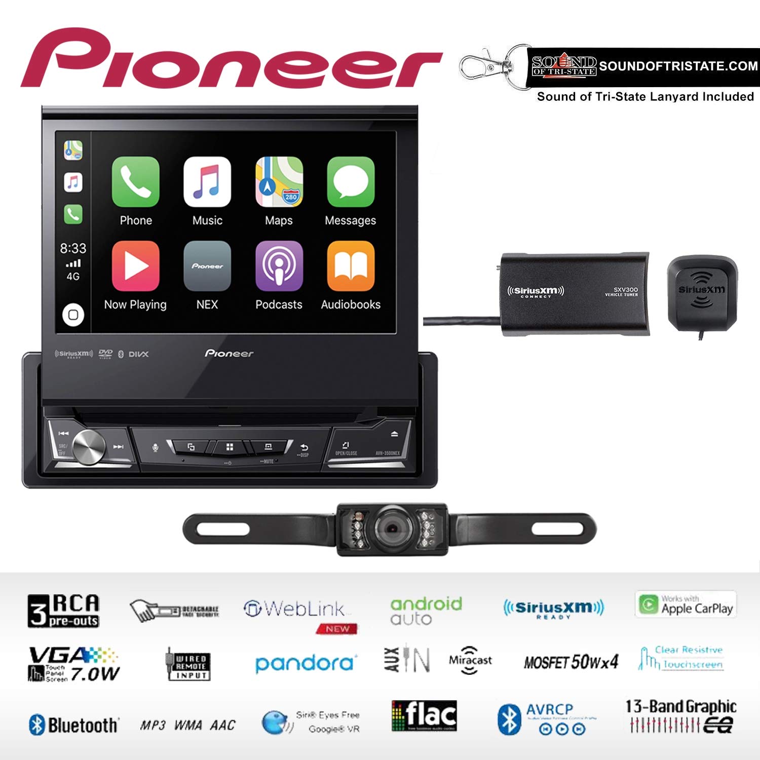 Pioneer AVH-3500NEX Single Din Multimedia Player with 7" flip Out Screen with License Plate Stye Backup Camera & SiriusXM Satellite Radio Tuner Bundle with Sound of Tri-State Lanyard