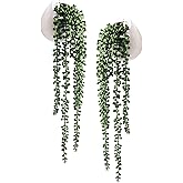 Tiita Artificial Succulents Hanging Plants, Faux String of Pearls Plants for Home Office Accessories Window Sill Bathroom Bedroom Fake in White Ceramic Pots, Set of 2