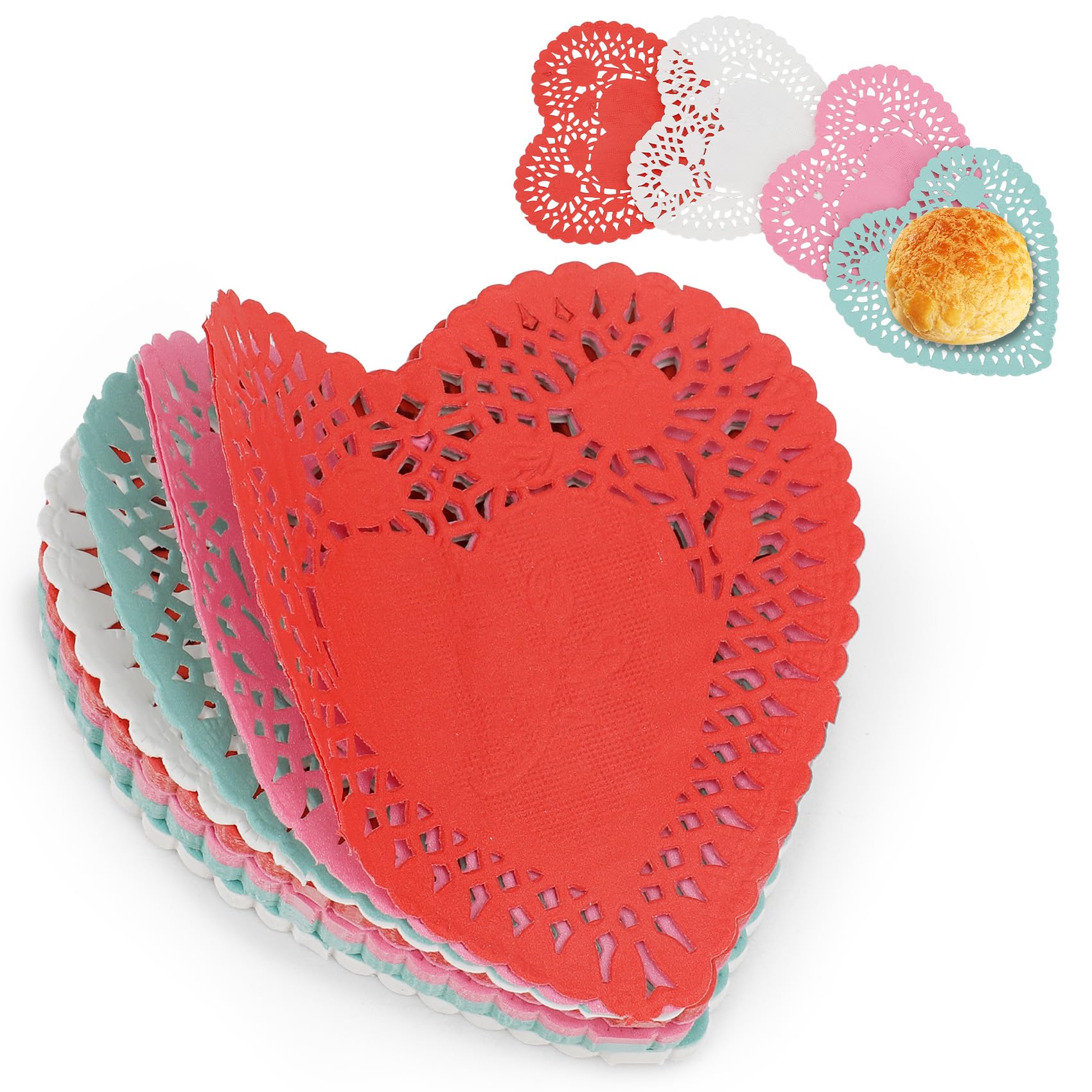 Photo 1 of 200 Pcs Heart Paper Doilies 4 Inch Valentines Day Lace Paper Doilies Disposable Heart Shaped Paper Doilies Paper Placemats Lace Doilie for Dessert Trays Food Crafts Valentine's Day Wedding Party Decor