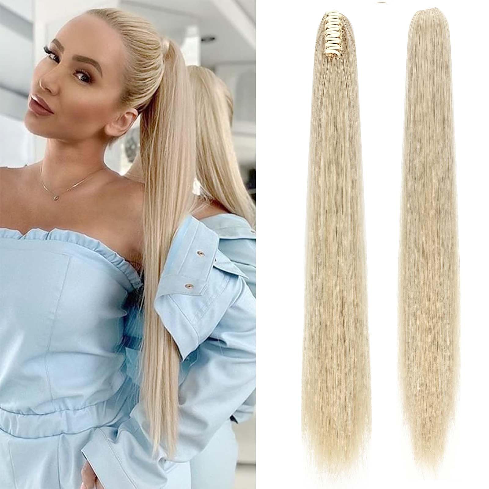 Fashion Ponytail Hair Extension Claw Curly Wavy Straight Clip in ponytail Hairpiece One Piece fake hair Ponytails for Women 26” Straight Ash blonde mix bleach blonde