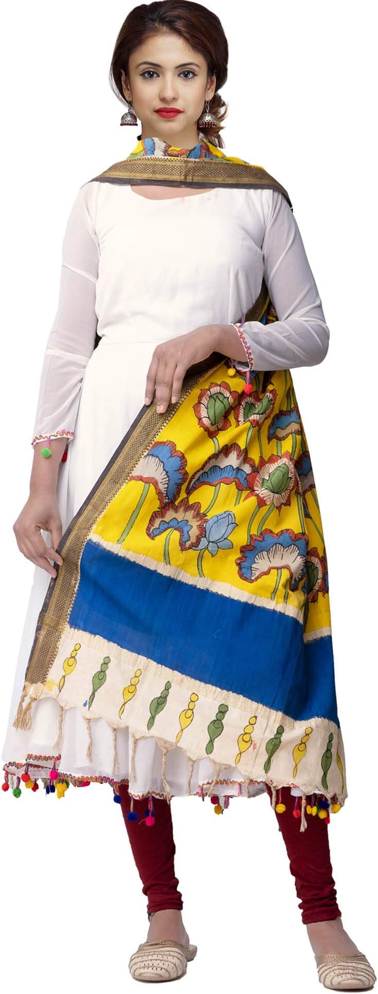 Unnati Silks Women Lotus Kalamkari Hand Painted Pure Cotton Dupatta from the Weavers of Andhra Pradesh(UDS2304+Yellow)