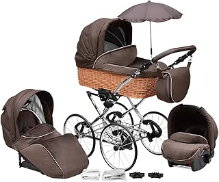 SKYLINE Klassisch Retro Stil Wicker LUX Kombi-Kinderwagen Buggy 3in1 Reise System Autositz (Isofix) (Chocolate Brown/17&#34;Räder)