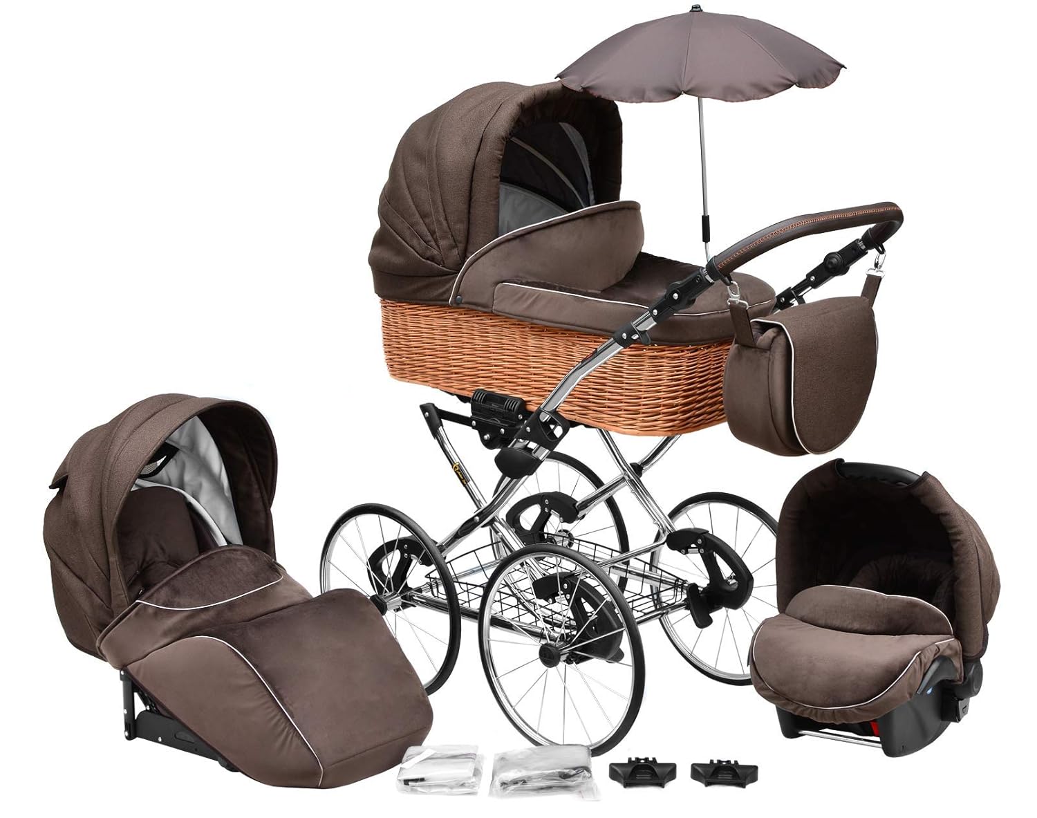 SKYLINE Klassisch Retro Stil Wicker LUX Kombi-Kinderwagen Buggy 3in1 Reise System Autositz (Isofix) (Chocolate Brown/17&#34;Räder)
