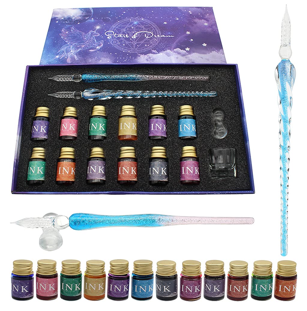 XIAOYU Glass Dip Pen Set, 16 Pieces Calligraphy Pen Set Includes 2 Crystal Glass Pens, 12 Colors Ink, Cleaning Cup, Pen Holder, Light Blue
