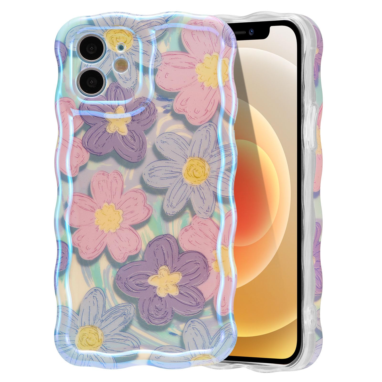 EYZUTAK Case for iPhone 11, Colorful Retro Oil Painting Flower Laser Glossy Design Cute Curly Waves Edge Exquisite Phone Cover Stylish Durable TPU Protective Case for Girls Women - Pink Purple — image 1