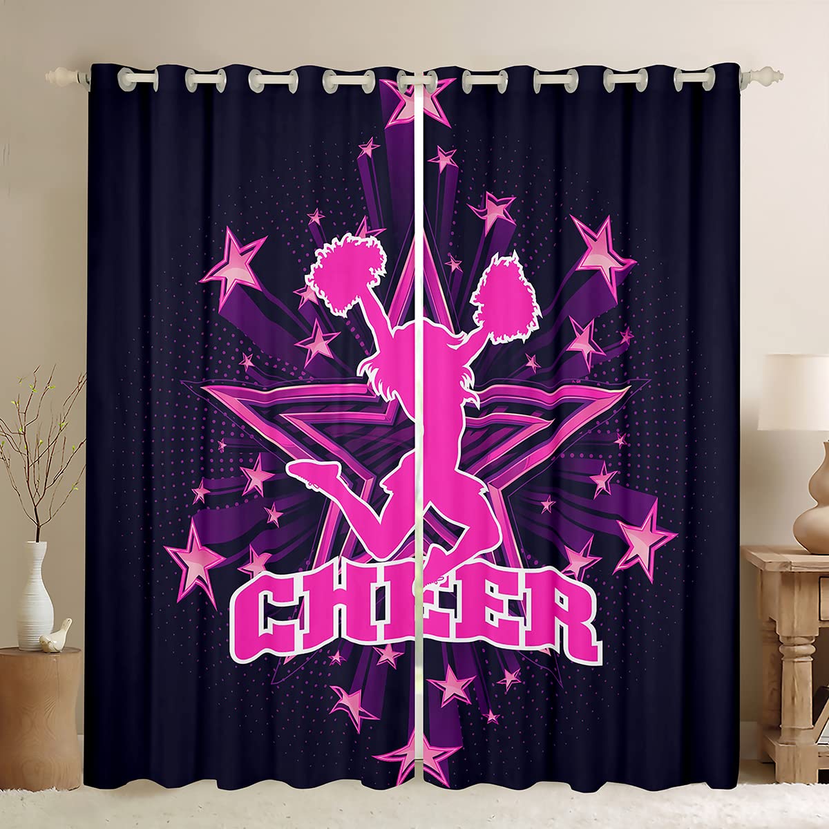 Manfei Cheerleader Blackout Curtain Girl Dancer Window Drapes for Kids Girls Teens Room Decor, Pink Stars Cheerleading Window Treatments Grommet Top 2 Panel Set Bedroom Curtains, 66Wx72L inch