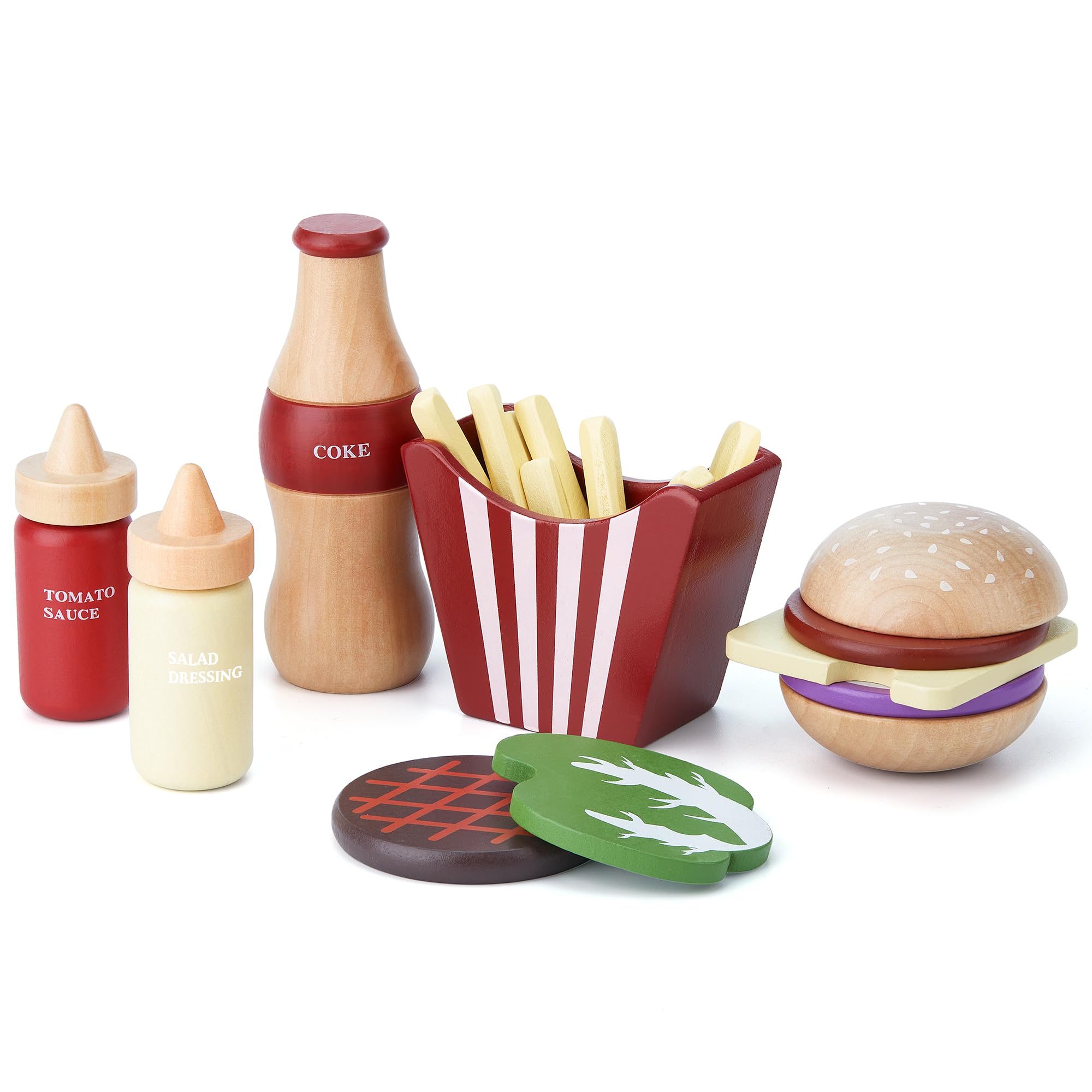 Toywoo Wooden Pretend Play Food Set - Hamburger, Sandwich, French Fries & More - Montessori Educational Toy for Kids 3-5 Years - Unisex
