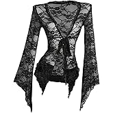 Milumia Women's Sexy Lace Bell Long Sleeve Tie Front Cardigan Sheer Mesh Y2K Rave Tops