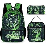 Homieblanket Wolf Backpack with Lunch Box & Pencil Case, 16 Inch Cute Wolf Themed Bookbag, Adjustable Lightweight Large Capacity, Colorful Wolf Backpack Set for Kids Girls Boys School