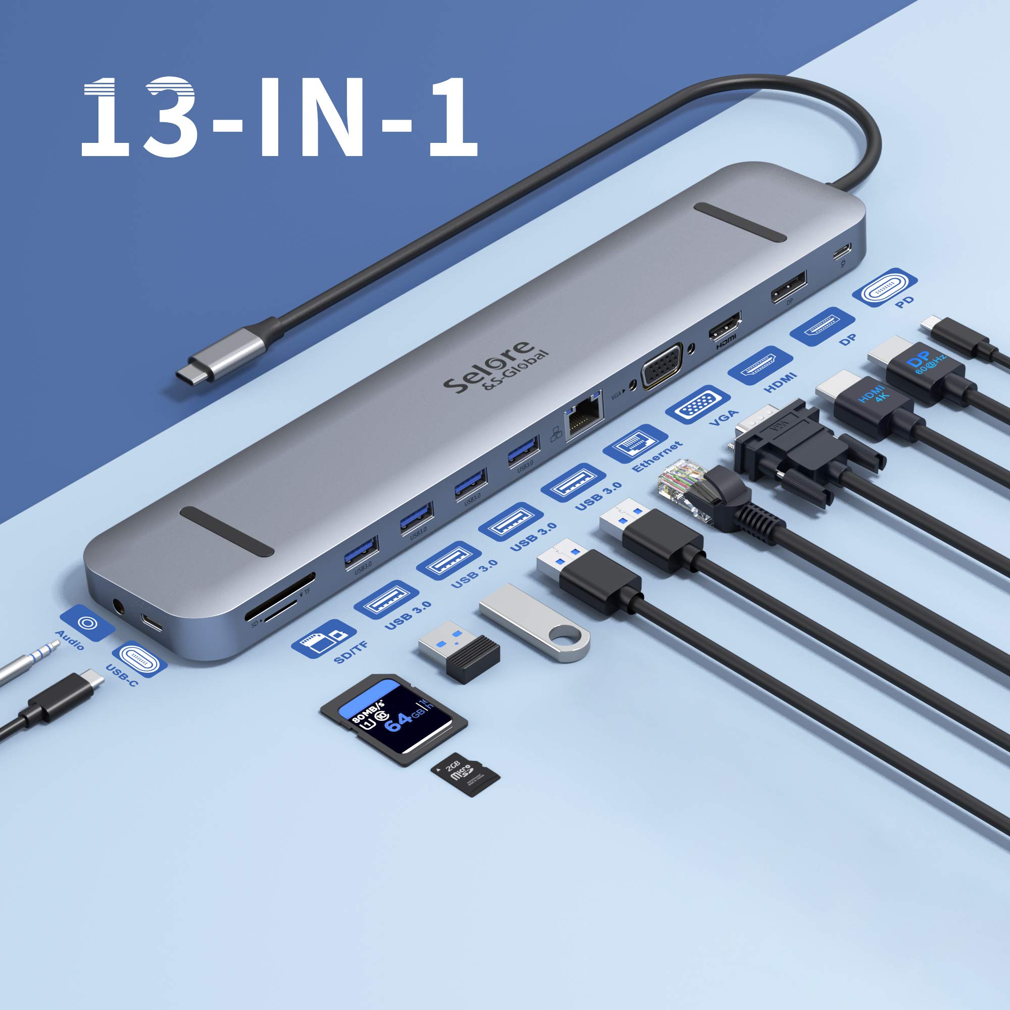 USB C Laptop Docking Station,13 in 1 Docking Station Triple Monitor with 4K HDMI,4K DP,VGA,Ethernet,4 USB,SD/TF,USB-C Port,Audio/Mic,USB C Hub Multiport Adapter for MacBook/Dell/HP/Lenovo/Surface…