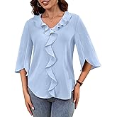 Neineiwu Womens Dressy Casual Blouse Trendy Ruffle V Neck 3/4 Sleeve Business Work Shirt Summer 2026 Office Tunic Tops