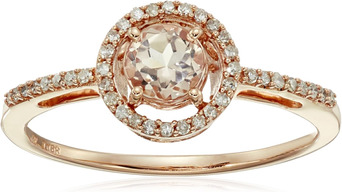 Jewelili10K gold 5mm Round Shape Morganite, Blue Sapphire an Ruby and 1/6 Cttw Natural White Round Diamond Halo Ring