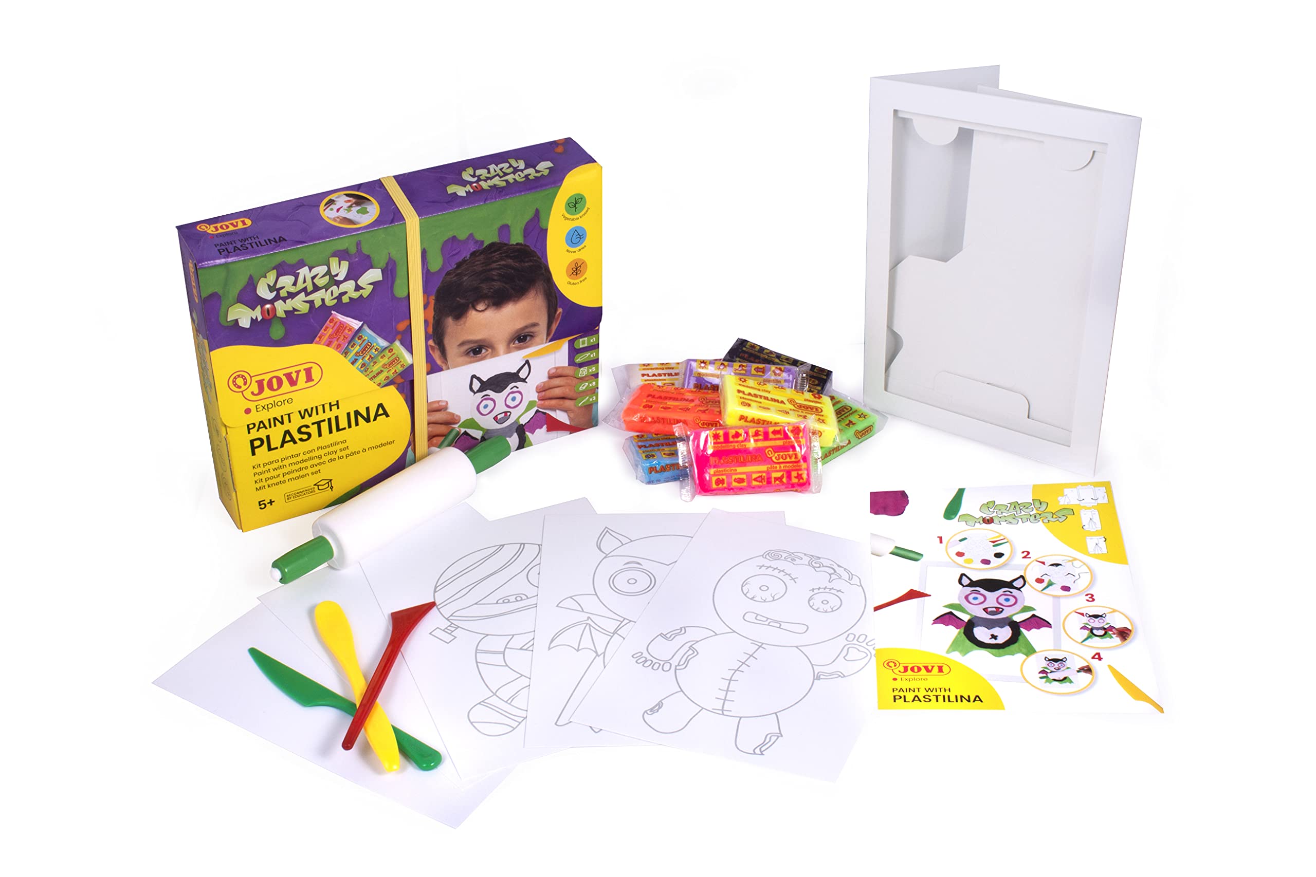 JOVI - Craft Kit for Painting with PLASTILINE, 8 Tablets of 50 Grams + Accessories + 1 Roller, Crazy Monsters (263CM)