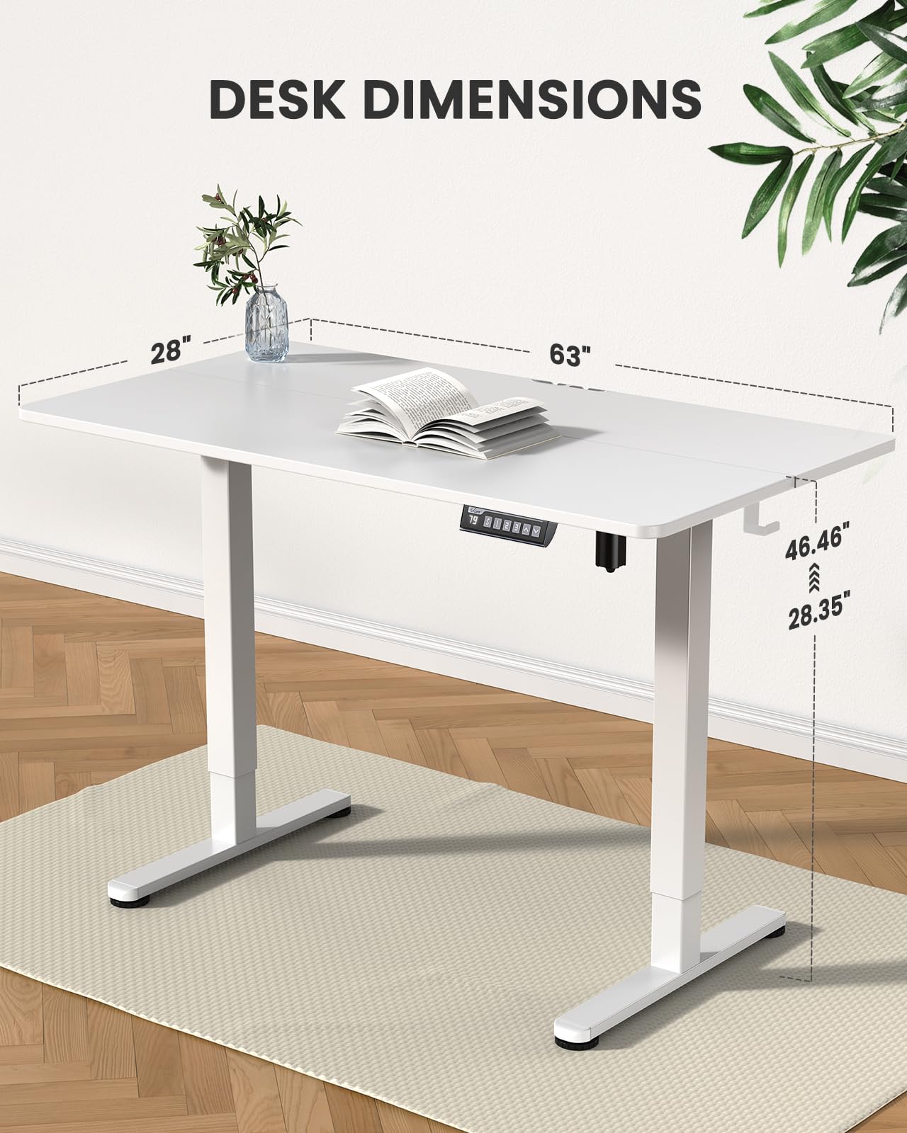 ErGear Height Adjustable Electric Standing Desk, 63 x 28 Inches Sit Stand up Desk, Large Memory Computer Home Office Desk with Two-Piece Desktop (White)