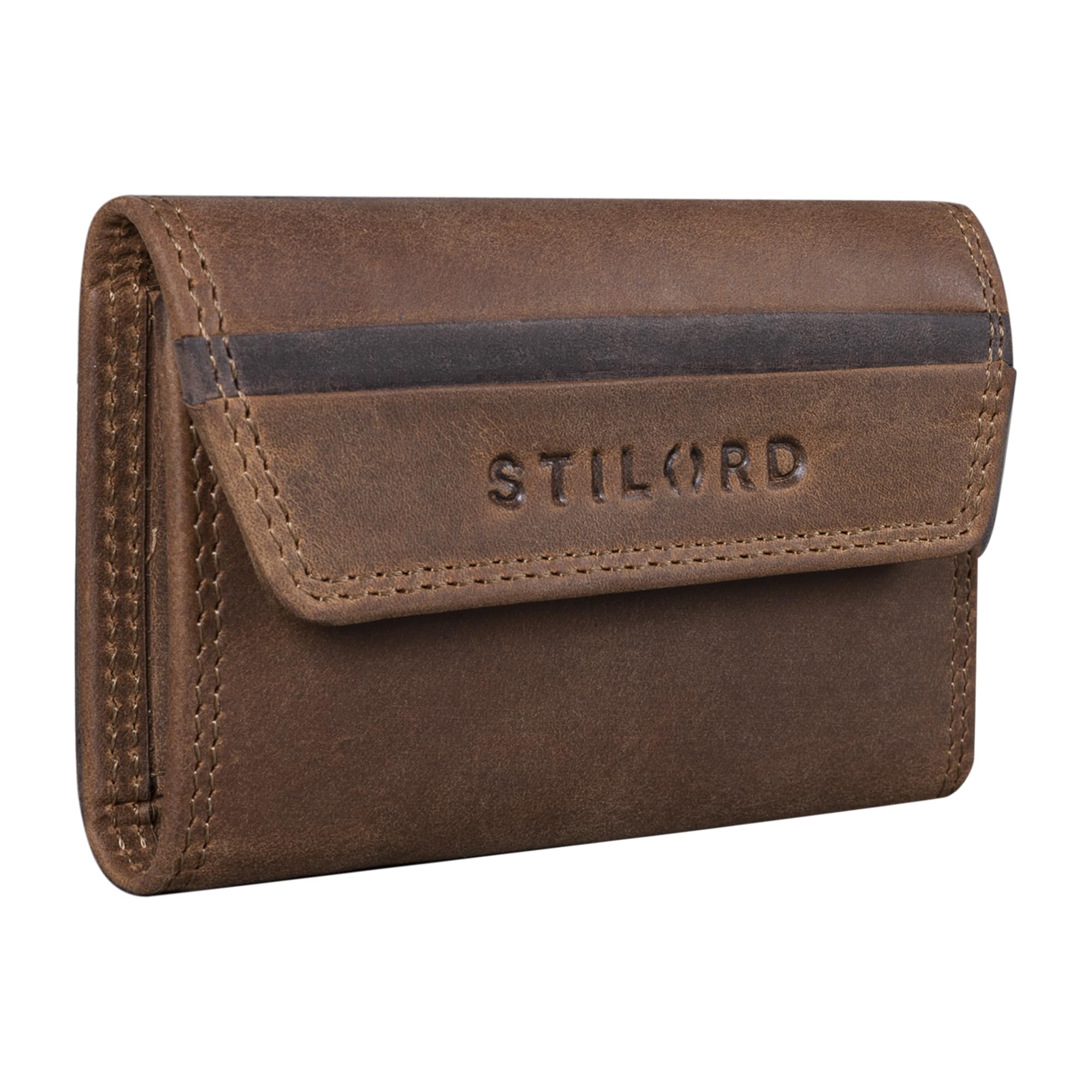 STILORD "Bowie" Leather Key Case and Wallet, Small Key Organiser, Slim Wallet, Mini Case for EC Cards, with Key Rings Colour:Middle Brown
