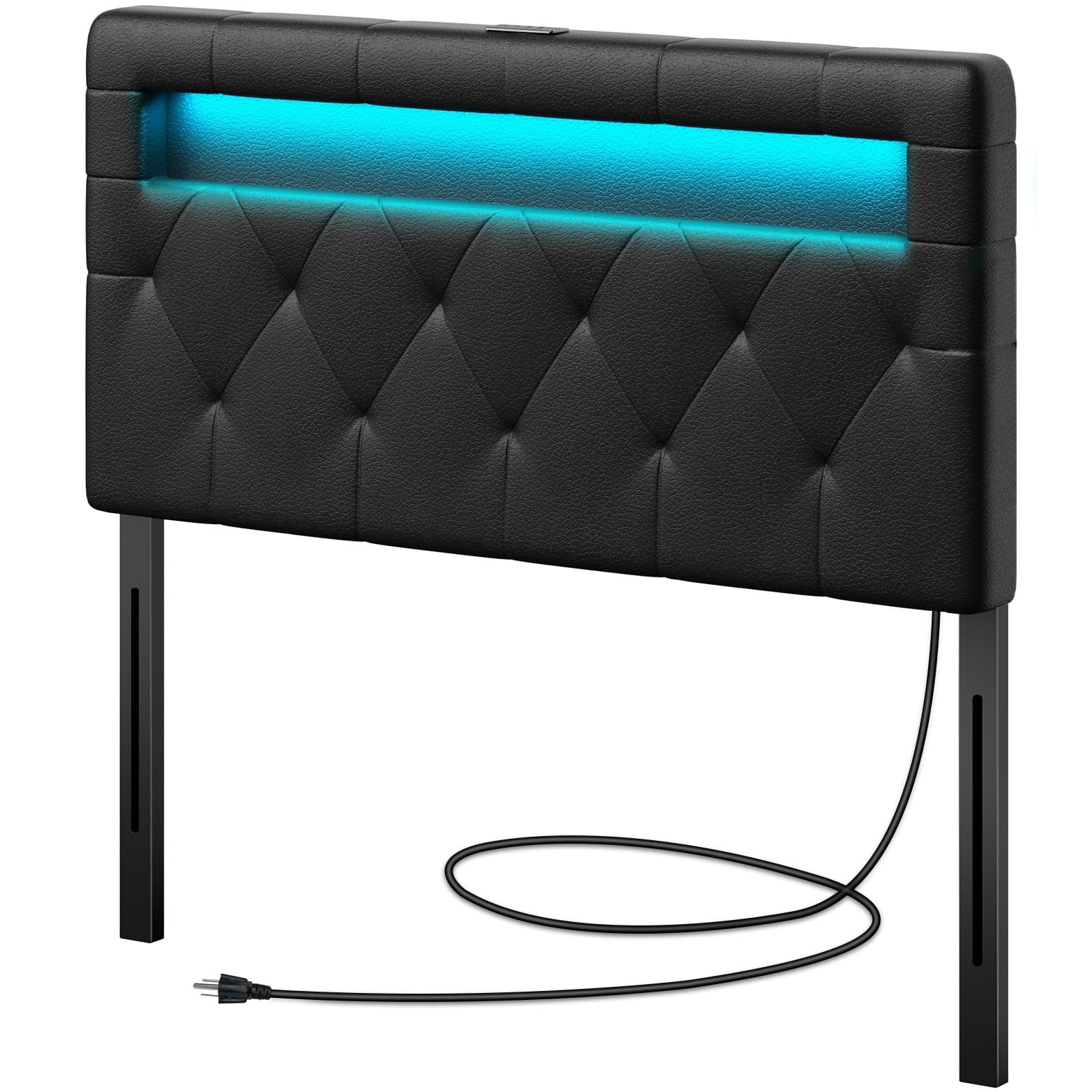 GREENSTELL Headboard for Twin Size Bed with 60,000 DIY Color of LED Light, USB & Type C Post, Attach Frame, Height Adjustable, Black Wall Mounted Head Boards Only, Sturdy & Stable, Comfortable, Twin Image