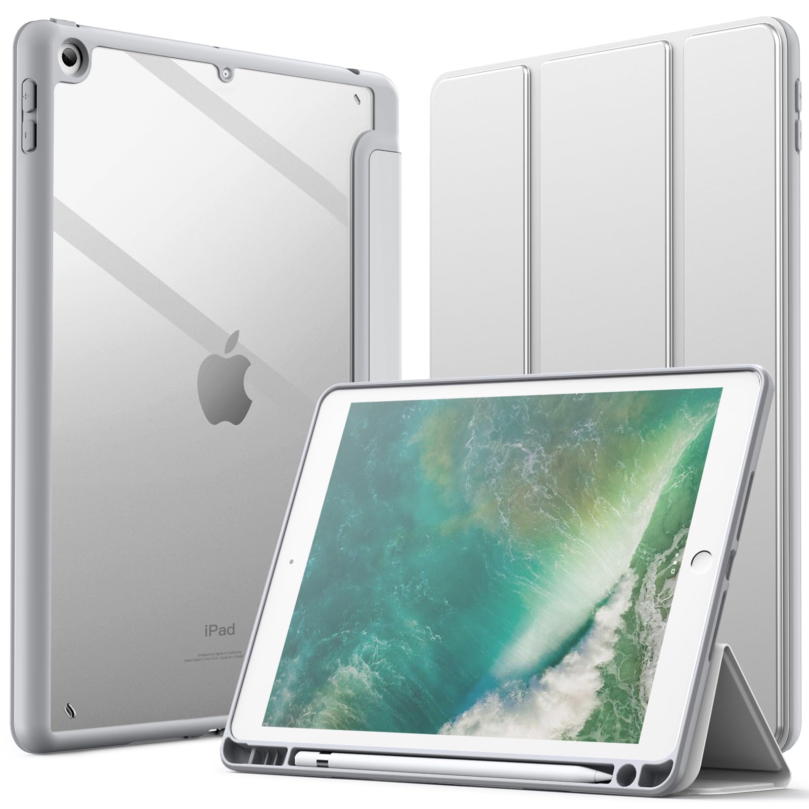 JETech Case for iPad 9.7-Inch (6th/5th Generation, 2018/2017) with Pencil Holder, Clear Transparent Back Shell Slim Stand Shockproof Tablet Cover, Auto Wake/Sleep (Silver) — image 1