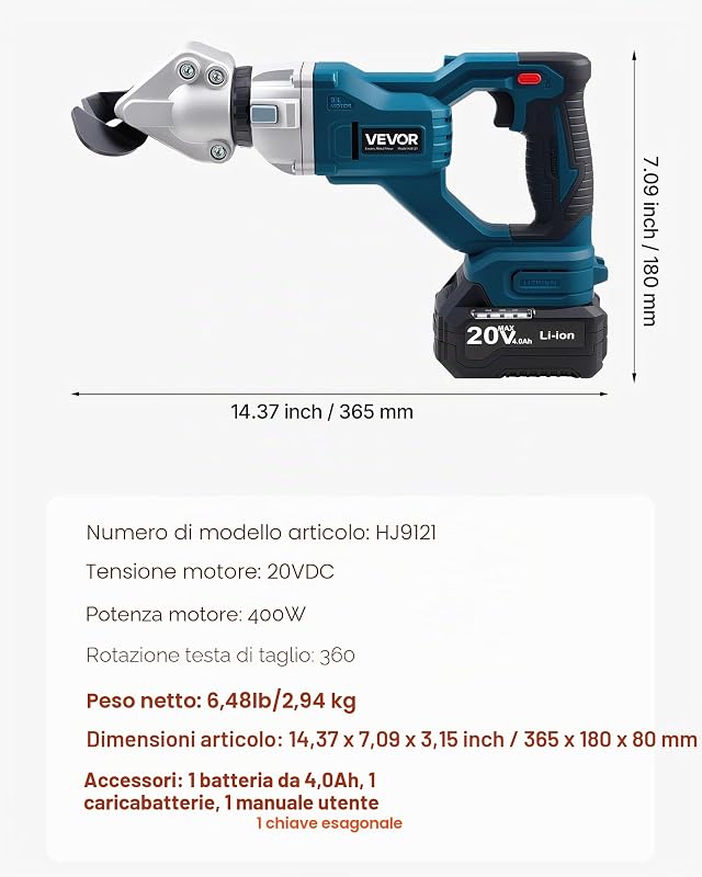 Cesoia per Metallo, Taglierina per Lamiera Senza Fili con Testa Girevole, Doppie Lame, 220 V CA 20 V CC, Taglia Acciaio Zincato da 1,22 mm, Acciaio Inox da 1 mm, Alluminio, Plastica, 2800 SPM
