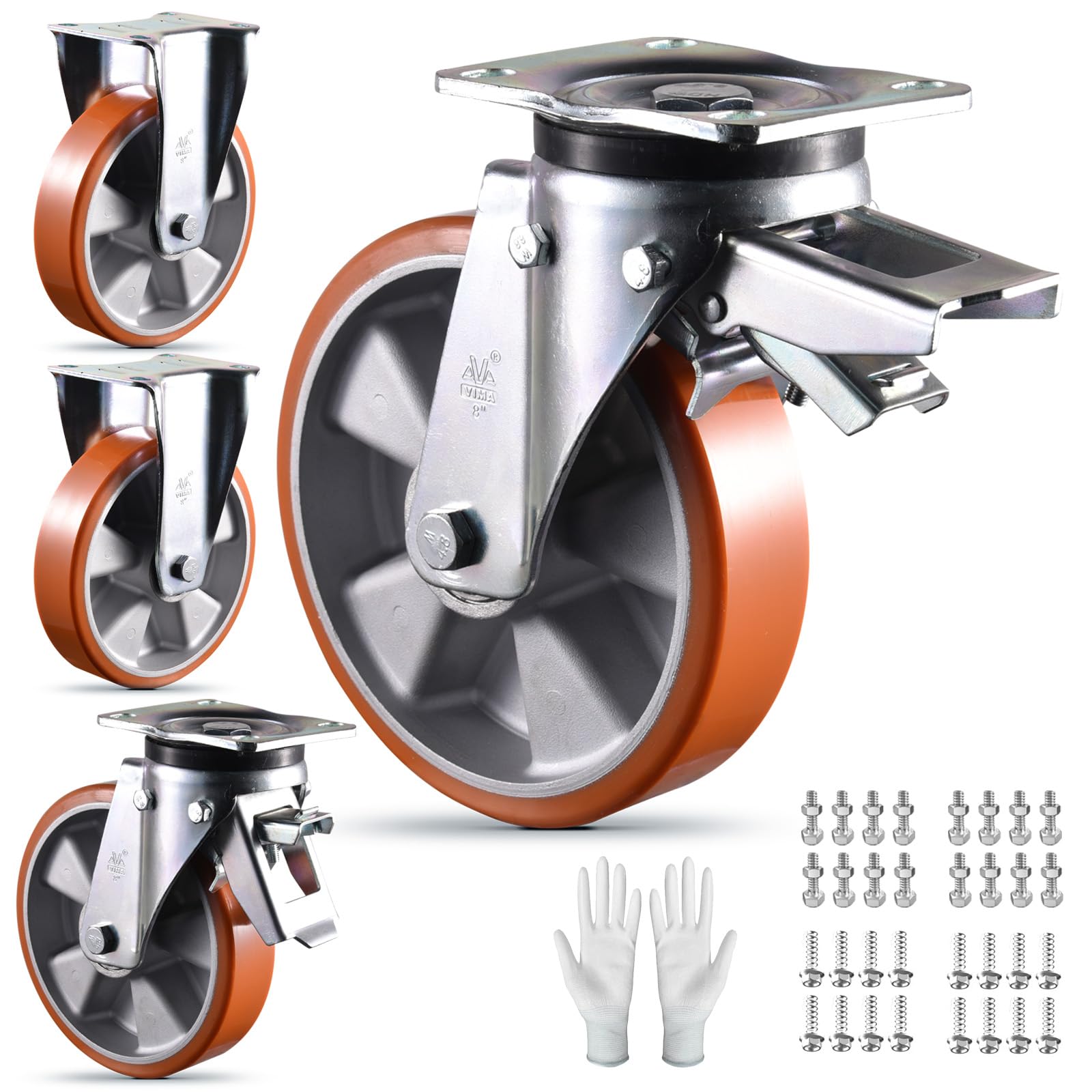 Photo 1 of Super Heavy Duty Plate Casters Load 6500Lbs 8 inch Casters Set of 4 Swivel & Fixed Industrial Aluminum Core PU Wheels for Cart Furniture and Workbench Locking Outdoor Dolly Rigid Castors Load 6500Lbs