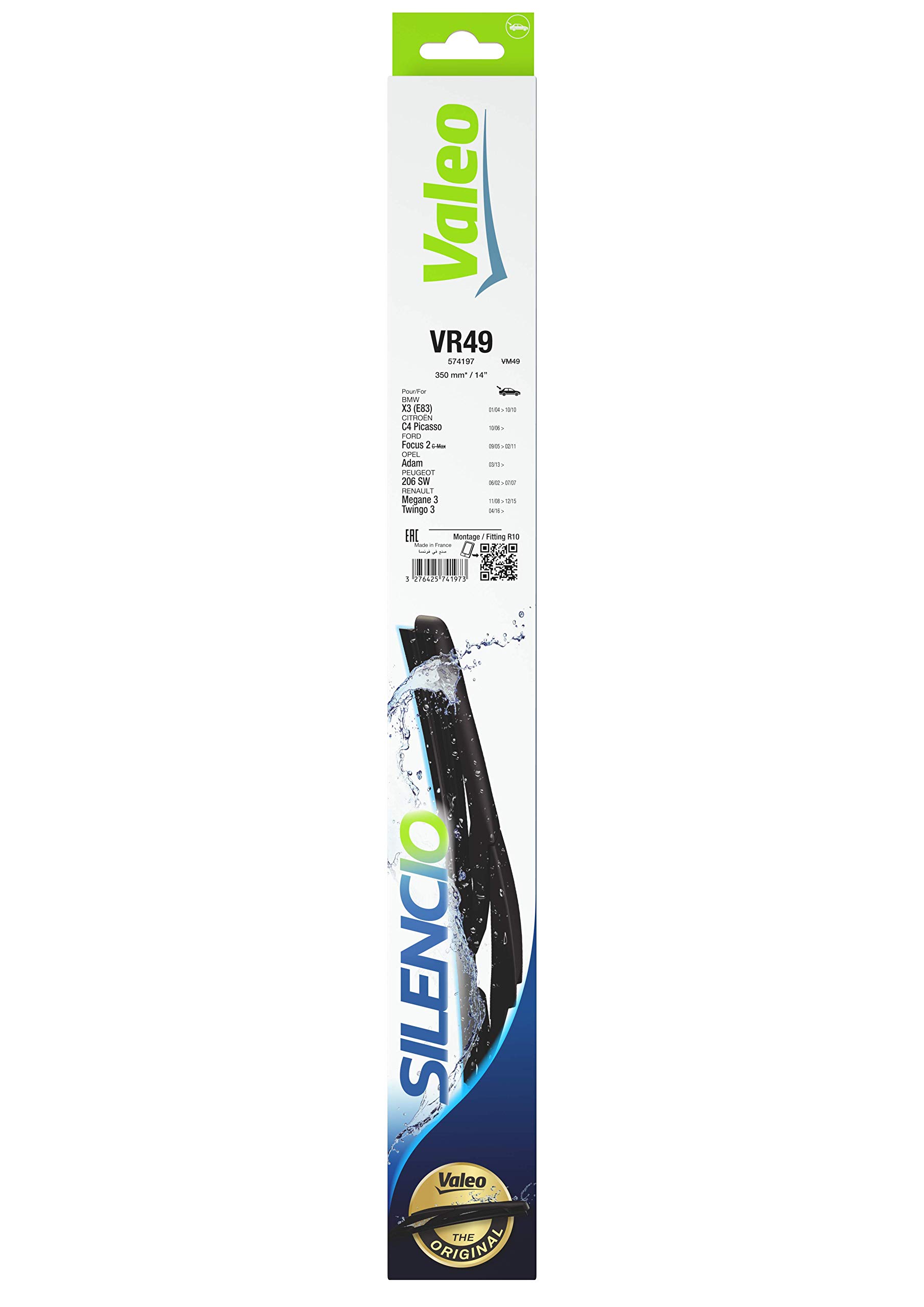 ValeoSilencio Wiper - VR49 - All-Seasons Durable, Resistant, Perfect Fit Conventional Wiper Blade 350mm - Rear - 1 Wiper Blade