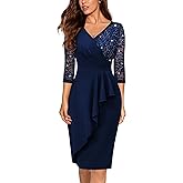 Miusol Women's Classy V-Neck Glitter Sequin Lace 3/4 Sleeve Cocktail Party Dress