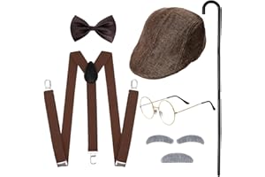 Sucrain 8PCS 1920s Old Man Costume Set Grandpa Accessories with Newsboy Hat