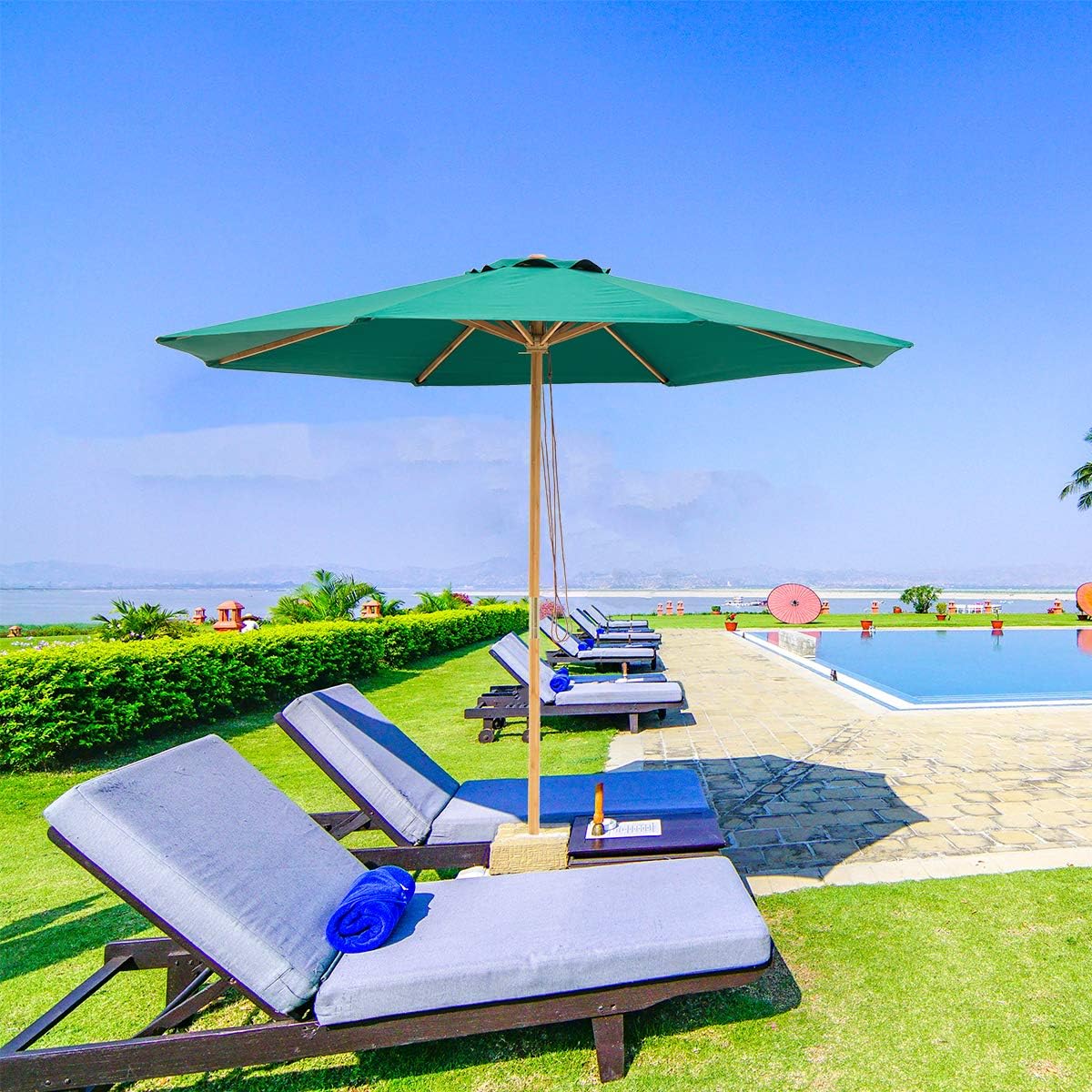 Amazon Com Sunbrano 9ft Bamboo Outdoor Patio Umbrella Market Backyard Table Umbrella Pulley Lift 8 Ribs Green Garden Outdoor