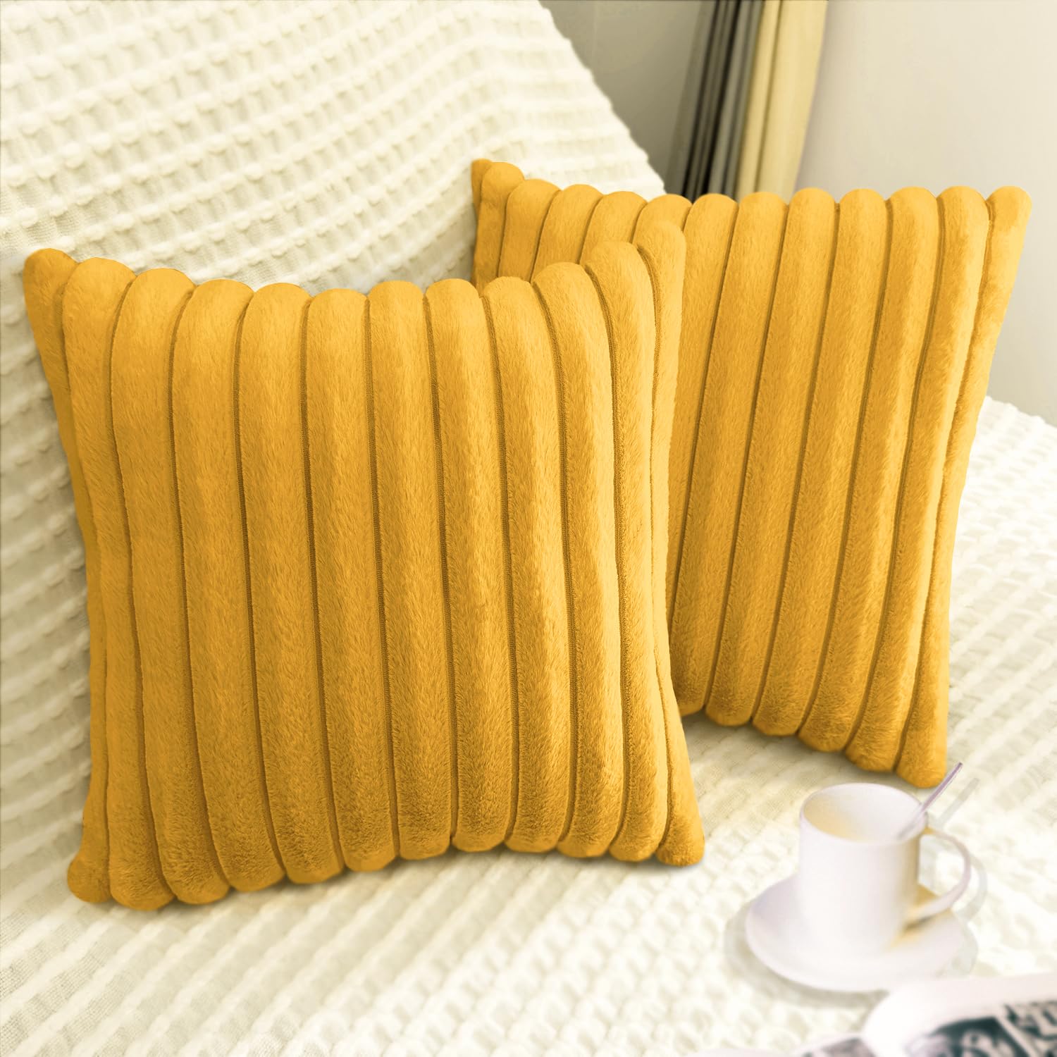 Photo 1 of 2 Pack 18x18 Pillow Cover Velvet Pillow Covers, Faux Fur Square Throw Pillow Covers for Living Room Decorations Throw Pillow Case, Throw Pillow Cover Cushion Cover for Sofa Bedroom Car, Mustard Yellow