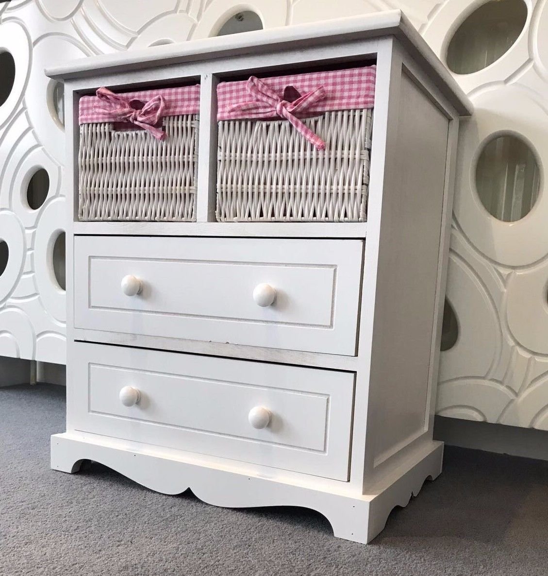 Home Delights White Chest Drawers Storage Unit Wicker Baskets Pink