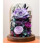 Dsuto Valentine's Day Flowers Gifts for Her - Preserved Rose in Glass Dome with LED Light, Forever Fresh Flowers Bouquet for Delivery as Birthday Gifts for Women, Mom, Grandma, Friend, Wife - Purple