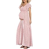Floral Print V Neck Maternity Dress Boho Baby Shower Photoshoot Smocked Flutter Sleeve Split A Line Dress