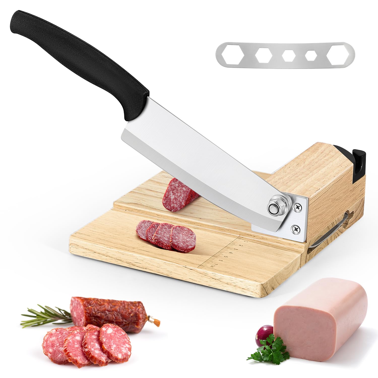 Photo 1 of Moongiantgo Biltong Slicer Jerky Slicer Cutter with Built-in Knife Sharpener Detachable Knife Rubber Wood Base for Beef Jerky Deli Delicatessen Bacon Hard Fruits Vegetables Herb Ginseng Pastry
