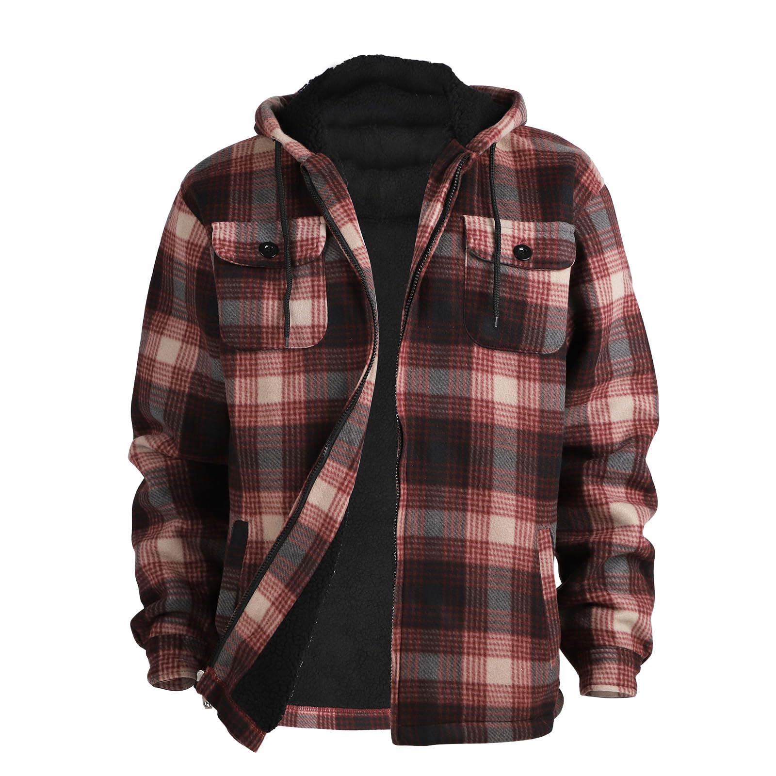 Facitisu Heavy Warm Sherpa Lined Fleece Plaid Flannel Jacket Men Plus Size S-5XL Big&Tall Mens Coat Brown Image