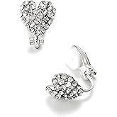 Silver Crystal Rhinestone Pave Heart Shaped Clip Earrings