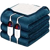 HOW'S MY HOUSE Heated Blanket 90" x 100", Dual Control Electric Blanket King Size with 10 Time Settings & 6 Heating Levels, Over-Heat Protection, Flannel Sherpa Super Cozy with ETL Certification, Blue
