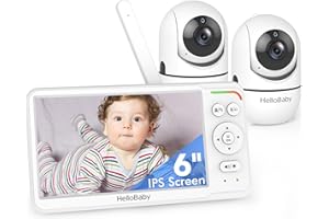 HelloBaby World's First 6" IPS Split Screen Baby Monitor with 2 Cameras - No WiFi, 30hr Battery, 355° Pan-Tilt, Night Vision, 1000ft, Portable Travel Video Audio Monitors with Temp Alert/Lullabies/VOX