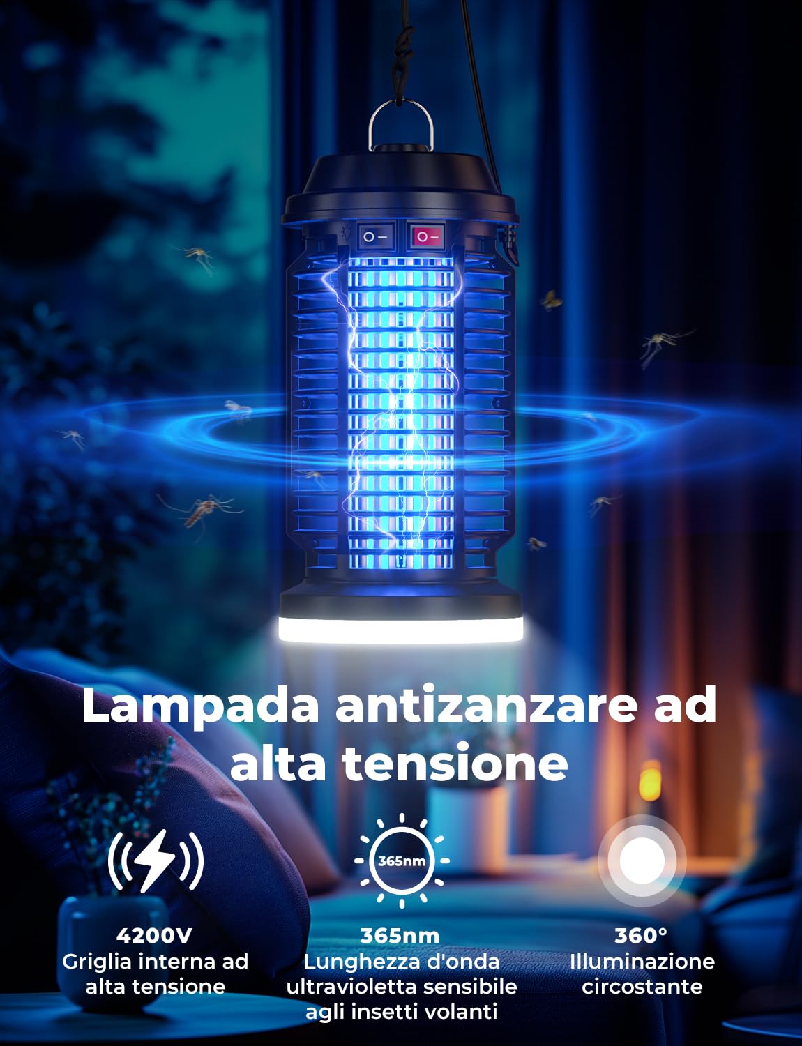YISSVIC Elektrischer Insektenvernichter 4200V Mückenlampe 15W mit UV-Licht und LED-Beleuchtung Zwei Separate Schalter Wasserdicht IPX4 geeignet für außen und innen 28 x 13.5cm 3