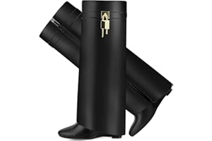 CDHYX Fold Over Boots for Women Pointy Pull-on Wedge Heel Knee Shark Boot With Side Zipper Padlock Design