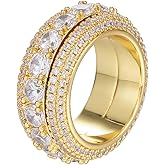 PY BLING Hip Hop White Golden Plated Iced Out CZ Rotatable Tennis Ring Simulated Diamond Eternity Engagement Wedding Band for Men and Women