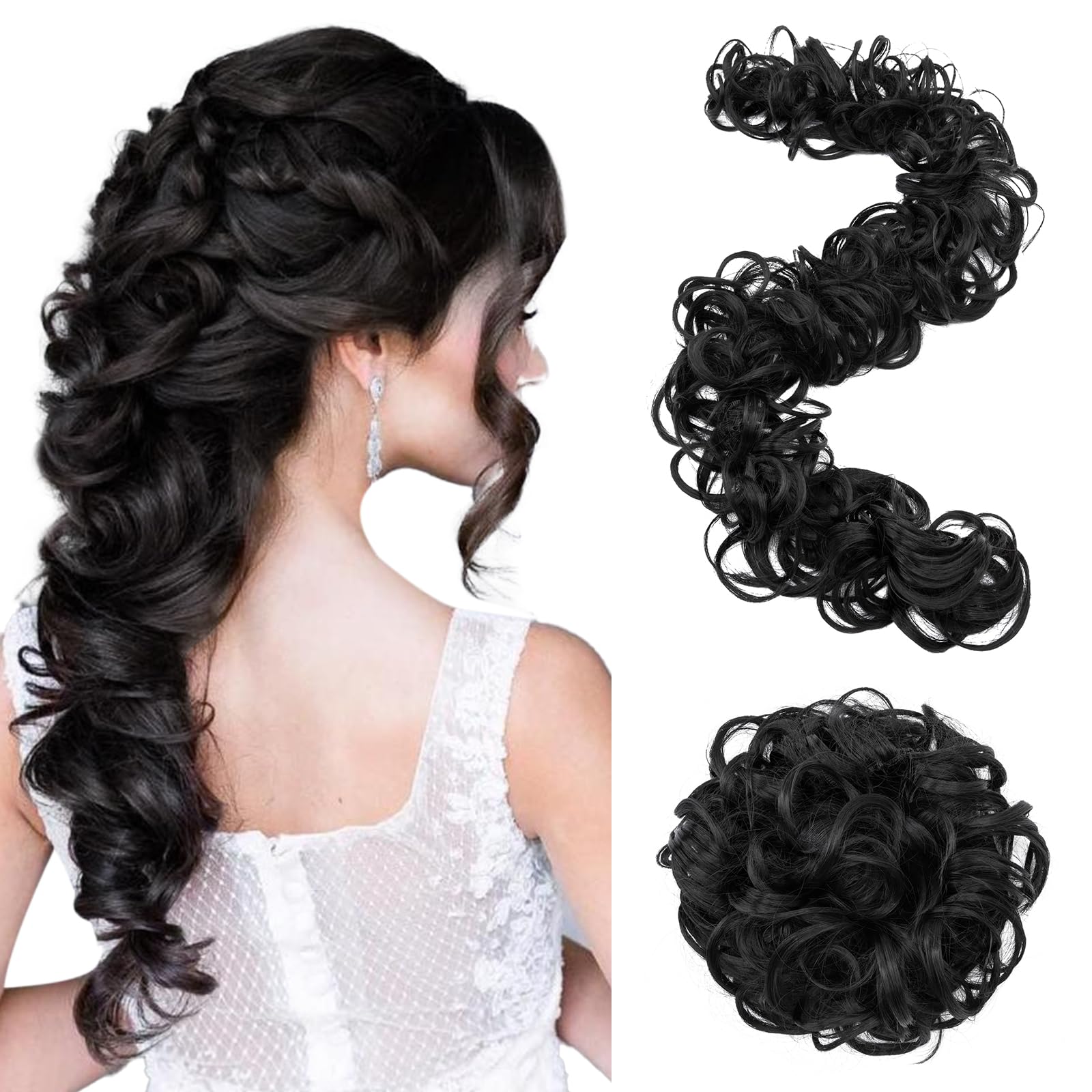 S-noilite Messy Bun Hair Piece Long Scrunchy DIY Wrap Around Touseld Updo Hair Extensions Ponytail Curly Hairpieces,32inch Wavy Donut Chignons for Women 85g, Black