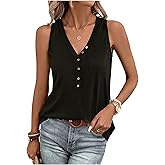 Yuaelria Women's Half Button Patched Pocket Tank Top Summer V Neck Sleeveless Loose Solid Color Casual Basic Shirts